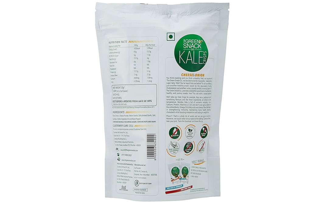 The Green Snack Co Kale Crisps Cheese & Onion   Pack  30 grams